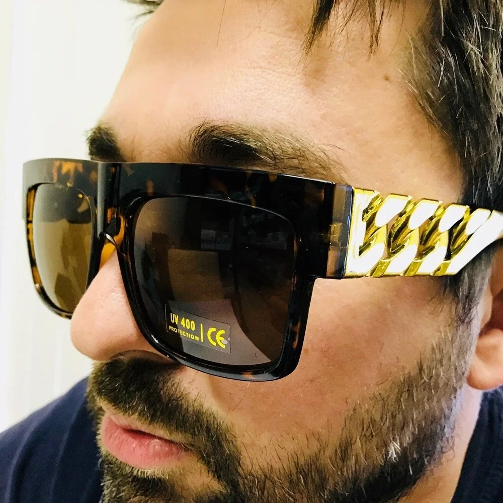 OVERSIZED FLAT TOP SQUARE CHAIN SUNGLASSES RETRO DESIGNER FASHION RAPPER CLASSIC